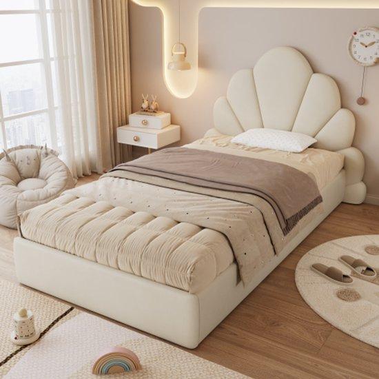Einzelbett mit weichem Bettgestell, Kopfteil mit gebogenen Blütenblättern, einfach, stilvoll und bequem, modernes Bettgestell, Samt, Beige, 90x200cm
