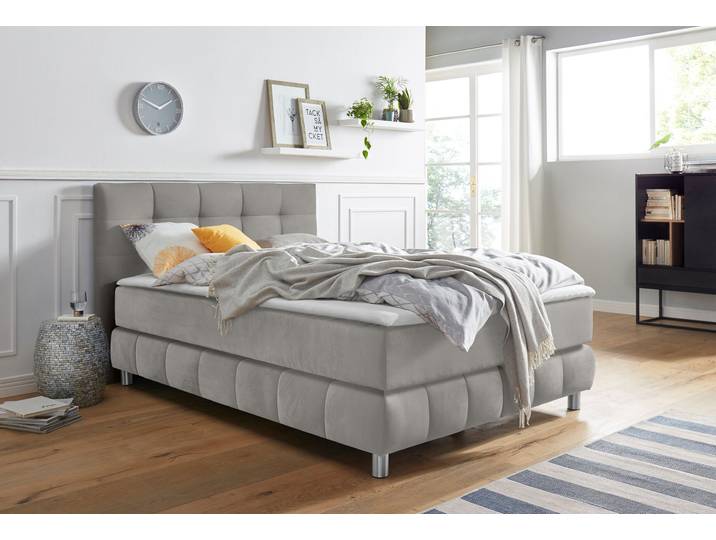 Boxspringbett, Samtoptik, Hellgrau, 140×220 cm, H2, Skandinavisch, Andas