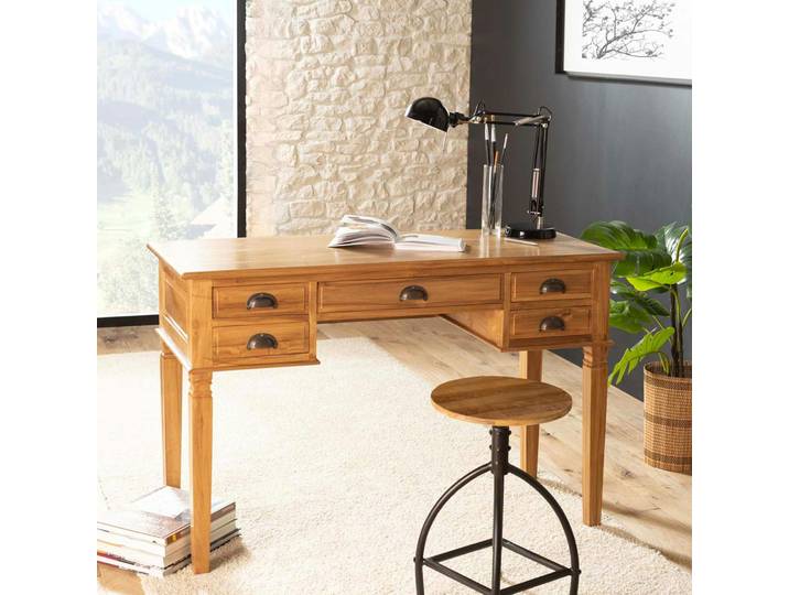 Bureau colonial 5 tiroirs Teck Miel 120cm BISHO