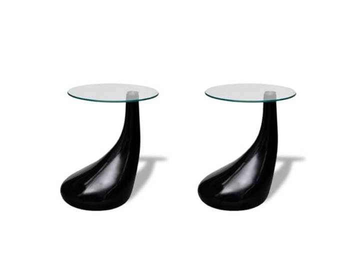 Tmriohed Couchtisch 2er Set Rund Glas Beistelltisch Hochglanz Schwarz Elegantes Tropfen-Design für Wohnzimmer und Schlafzimmer mit robuster 8 mm Hartglasplatte sowie Fiberglas-Sockel.
