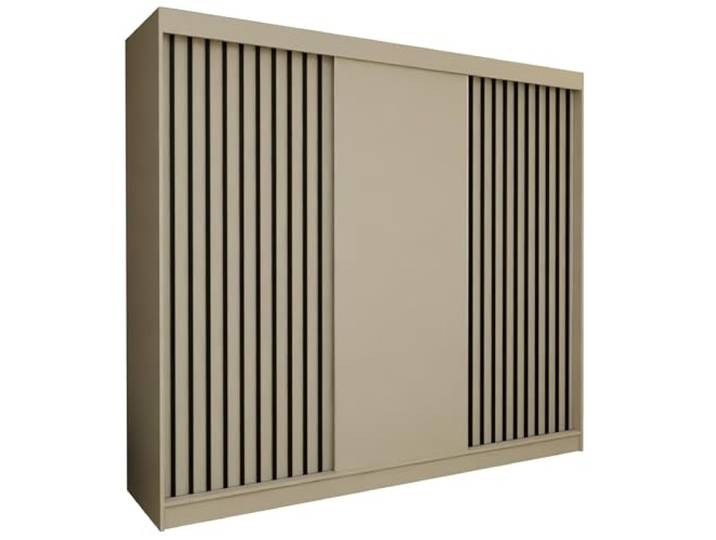 AXLIVING Cabinio Schwebetürenschrank Beige 240 cm Schwarze Lamellen Schwebetürenschrank 240 breit. Laminierte Möbelplatte. ABS-Kanten. Laguna-Schiebetürsystem mit kugelgelagerten Rollen.
