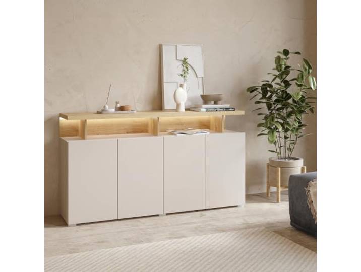 Lomadox Wohnzimmer Sideboard Kommode Anrichte 153 cm breit in Kaschmirbeige mit Eiche hell LED-Beleuchtung 4 Türen Esszimmer