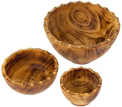 Global Crafts Nested Round Scalloped Jacaranda Wood Bowls, Set of 3