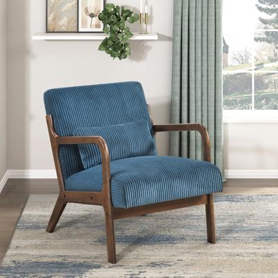 Modern Accent Chair With Pillow Blue Plush Corduroy Upholstery Home Furniture 1Pc Armchair Solid Rubber Wood Frame