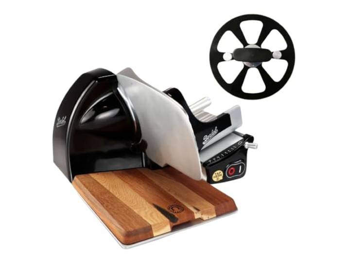 Berkel Aufschnittmaschine – Schneidemaschine Home Line 250 Plus in schwarz – Neues Modell + 100% handgefertigtes Schneidebrett Unikat