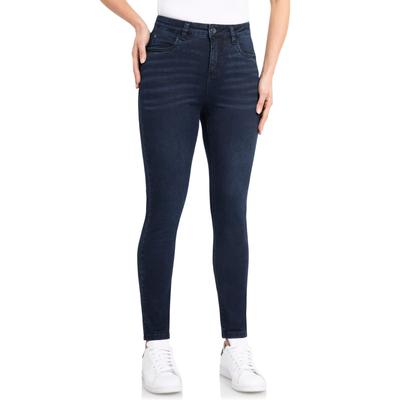 High-waist-Jeans WONDERJEANS "Skinny", Damen, Gr. 42, Länge 28, blau (dunkelblau used), Denim/Jeans, Obermaterial: 65% Baumwolle, 29% Polyester, 6% Elasthan, Abriebeffekte, skinny fit normal, Jeans High-Waist-Jeans, in körperbetonter Passform