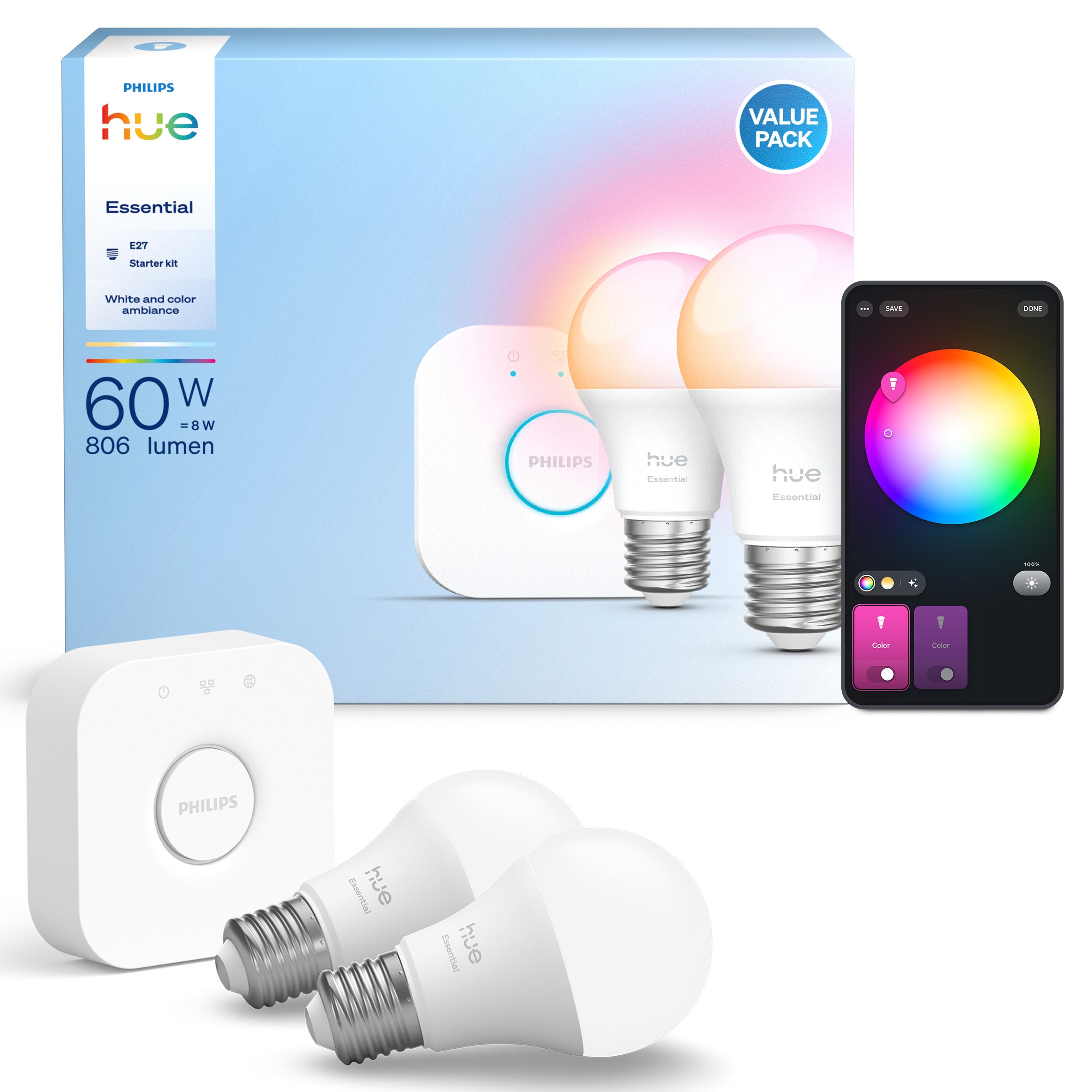 Philips Hue Essential Starter Kit: Hue Bridge + 2 Essential E27 smarte Lampen, White and Color Ambiance, 2200K-6500K, kompatibel mit gängigen Smart-Home-Assistenten 8721103103635