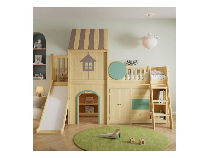 STILVORA Hochbett 90×200 mit Stauraum Kinderbett mit Rutsche,in Hausdesign (Hausbett mit Rutsche, Treppe und modularen Stauraumelementen, MDF- und Kiefernholzstruktur, stabile Bauweise, flexibel nutzbar) Für Kinderzimmer, Spielbereiche, Schlaf- und Wohnräume