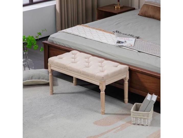 banquette vintage banc d'entrée capitonné beige en polyester et bois massif 80x40x43 cm charge 120 kg Grjofek