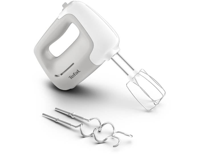 TEFAL Handmixer Prep'Mix , grau (weiß, hellgrau), B:11,4cm H:21,7cm T:21cm, Mixer, 5 Geschwindigkeiten, 2 Schneebesen + 2 Knethaken aus Edelstahl, HT450B, Handmixer