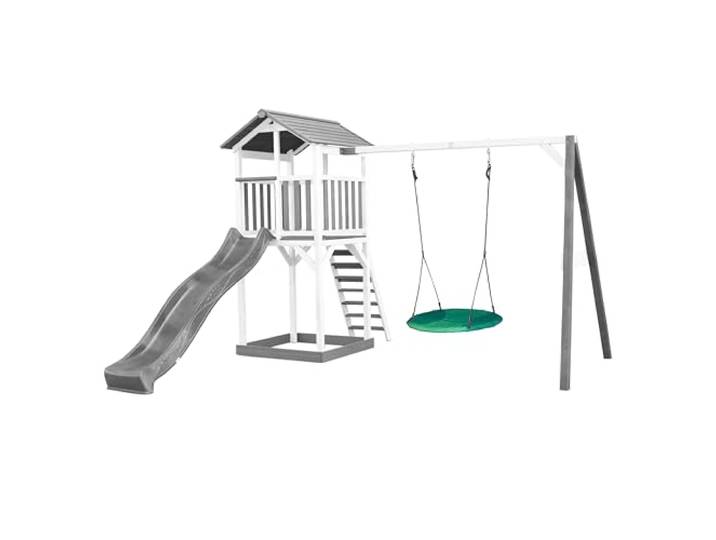 AXI Beach Tower Grau & Weiß mit Grauer Rutsche & Schaukel Spielplatz, Spielturm mit Sandkasten & Nestschaukel in Grün, FSC Holz, Podesthöhe: 117,5 cm