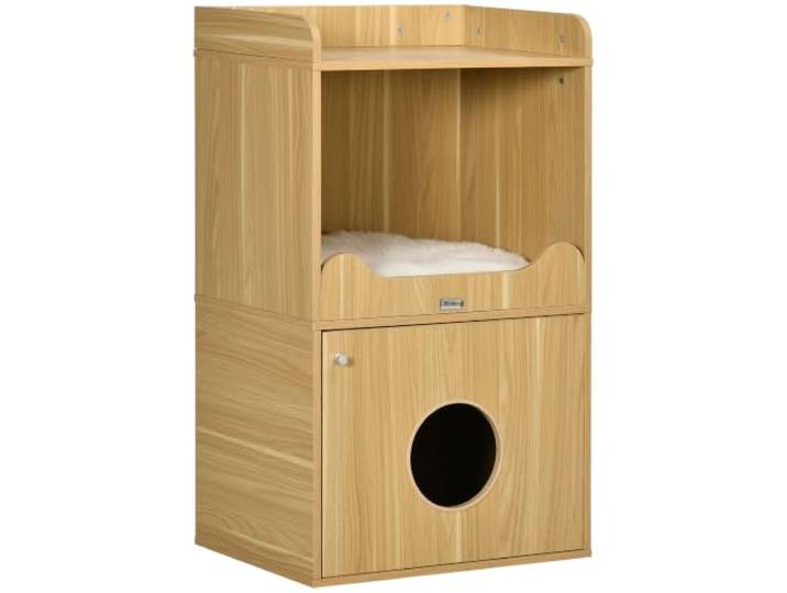 PawHut Maison de Toilette pour Chat 3 Niveaux 1 Coussin 60 x 45 x 103 cm Meuble Litière Chat\, Armoire de Rangement\, Compartiment Fermé par une Porte