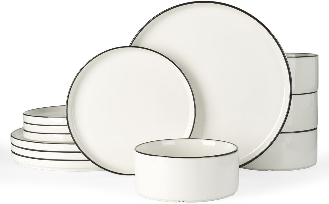 Latitude Run 12-Piece Porcelain Dinnerware Set - Service For 4 White/Black 12