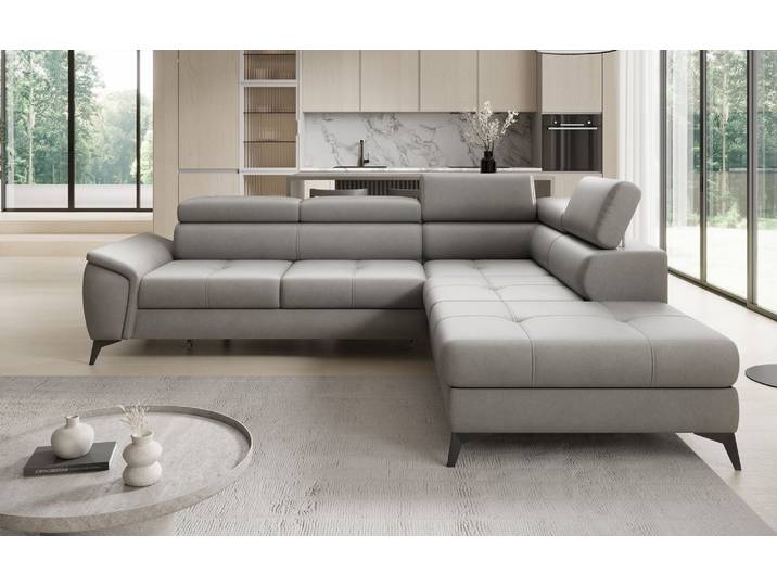 Designer Ecksofa Aveline mit Schlaffunktion und Stauraum in Echtleder - Hellgrau - Rechts - Luxusbetten24