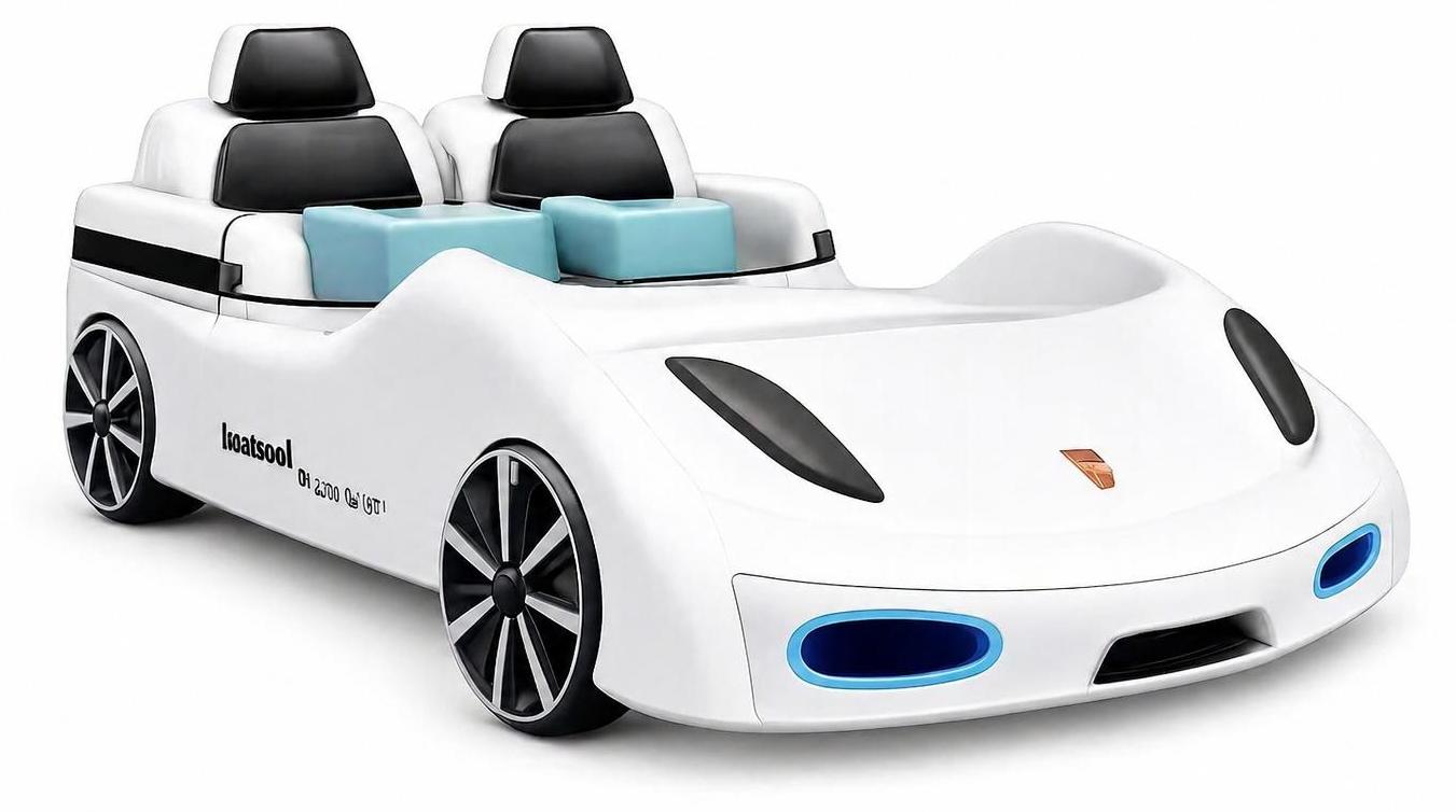 Weißes Kinderbett mit LED-Beleuchtung auf Rädern Auto-Bett