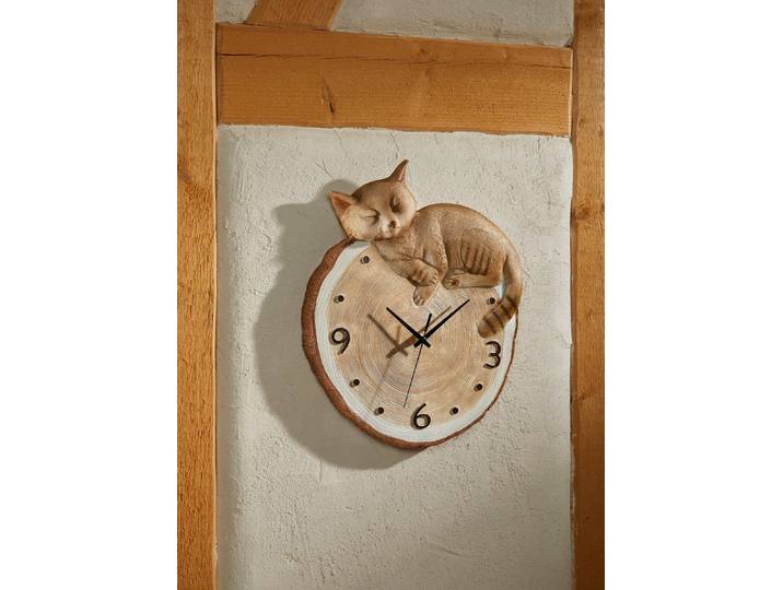 Wanduhr mit Katze in Baumscheibenoptik, Braun-Natur