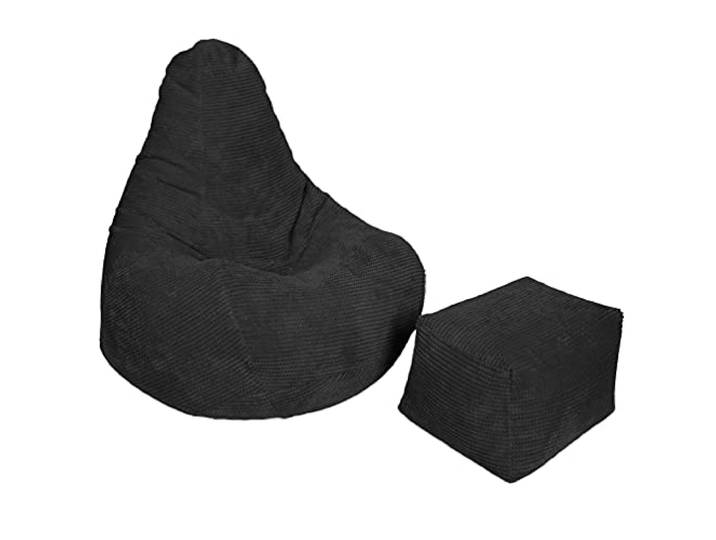 Loft 25 Sitzsack mit Hoher Rückenlehne für Erwachsene Cordstoff, Innenfutter Ergonomisches Design für Körperunterstützung (Schwarz, Sitzsack+Hocker)