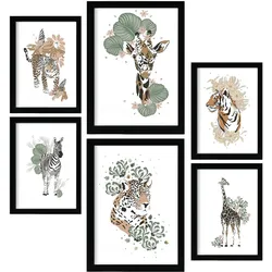 POSTER Set Mit 6 Wilde Tiere Weißer Hintergrund Mit Tiermotiven Im Pastell Muster Stil Innenarchitektur A3 & A4 Schwarzer Rahmen