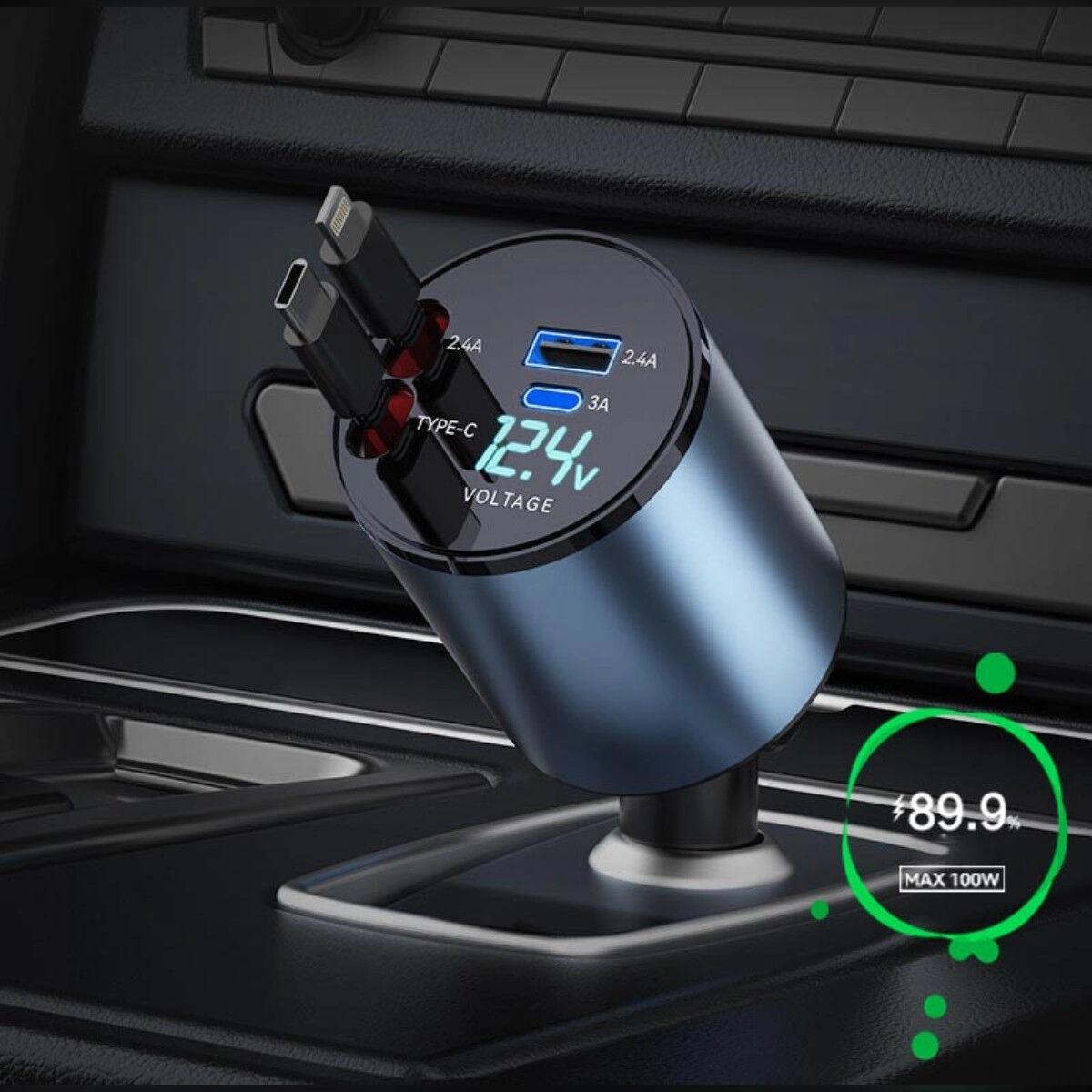 INF Mehrfahrzeug-Autoladegerät mit PD36W-Schnellladen, zwei USB-C-Anschlüssen, einziehbarem Kabel und Digitaldisplay