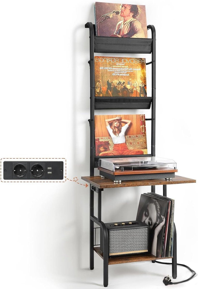 Platenkast Muziekmeubel voor Vinyl Collectie in Zwart Bruin, Hoogte: 144 cm