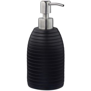 Relaxdays Seifenspender Rillen, 1003105346, stehend, Kunststein und Edelstahl, schwarz, 300ml