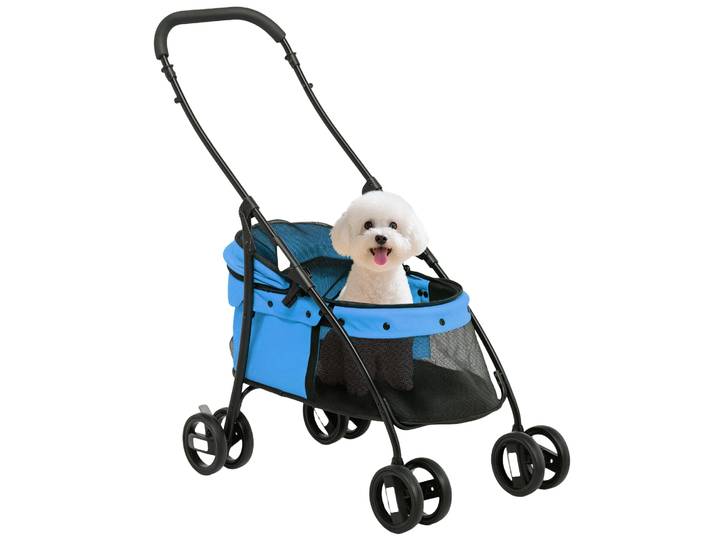 Poussette pliable pour petit chien Pawhut avec fenêtres en maille, coussin lavable, sangles de sécurité et cadre en acier, bleu