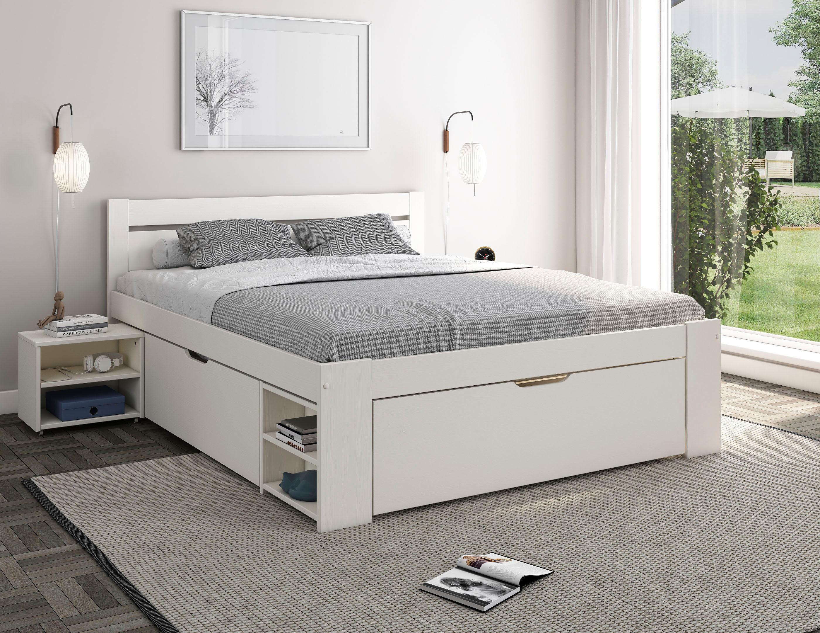 Massivholzbett GOODPRODUCT "HANNES " mit Schubladen und Regalen, Nachtschrank ausziehbar, stabil", weiss (weiß), B:166cm L:205cm, Betten, Massivholzbett, FSC-zertifiziertes Kiefernholz, ideal für kleine Räume weiß Liegefläche Länge B: 200cm x 160cm, ohne 