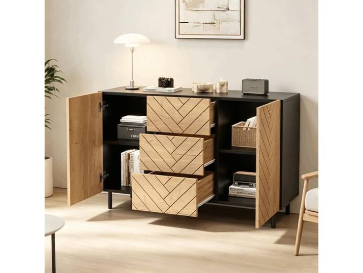 Buffet bahut moderne 120x40x76 cm 3 tiroirs 2 portes soft close panneau de particules effet bois noir mat