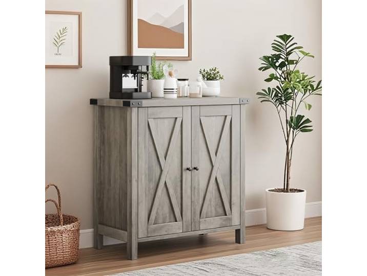 Virimolo Küchen Sideboard mit 2 Türen, 76 x 40 x 80 cm Küchenschrank Küchenschrank Sideboard Buffetschrank für Wohnzimmer, Esszimmer und Küche, x-Design, Verstellbar, Landhausstil, Grau