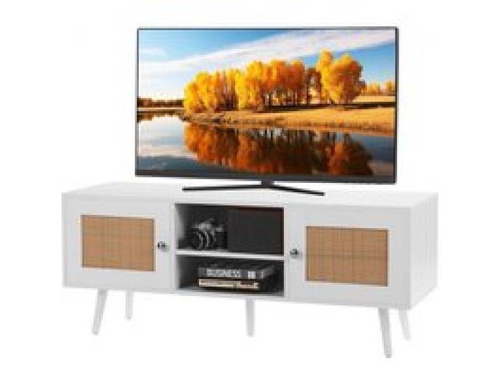 VEVOR Rotan TV-meubel, TV-kast Boho TV-meubel voor 140 cm TV, Retro TV-meubel, Rotan TV-console met verstelbare planken en 2 deuren, voor Woonkamer, Mediaruimte, Wit