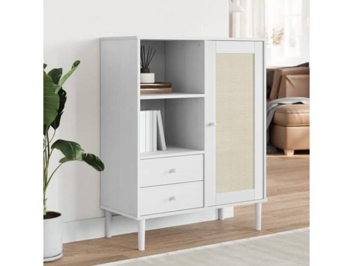 HEFZGDB Stabiles Highboard mit Wandhalterung Sicherung im Mid-Century Modern Highboard Boho-Stil Einrichtung aus massivem Kiefernholz mit UV-Lackierung und Rattan-Optik, Weiß 90x40x112 cm