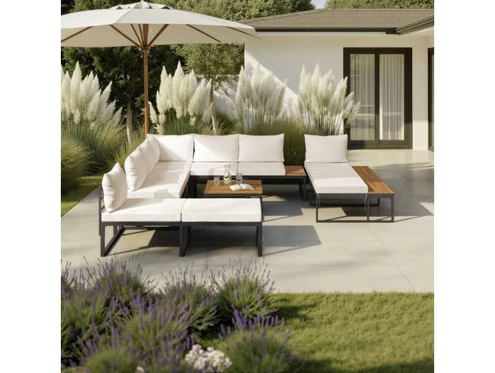 Loungegarnitur Adriano Creme Akazie/Metall/Outdoorstoff