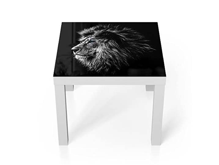 DEQORI Glastisch weiß klein 55x55 cm Motiv König der Tiere im Profil ausgefallener Beistelltisch aus Glas Hochglanz Couchtisch fürs Wohnzimmer moderner Couch Tisch mit Design