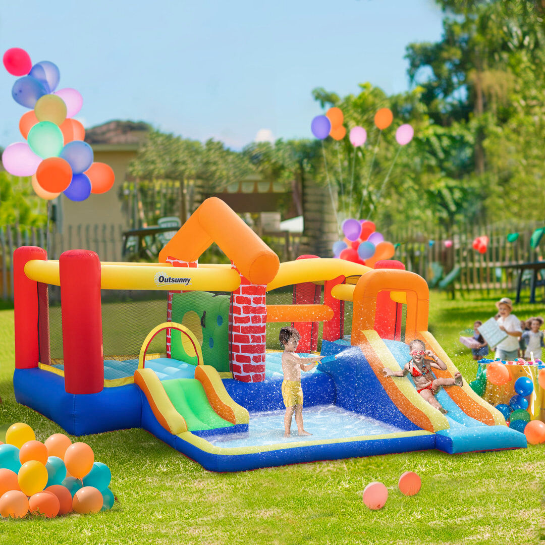 Outsunny Kids Bouncy Castle with Double Slides Pool Trampoline with Blower Blue;Red;Yellow 4