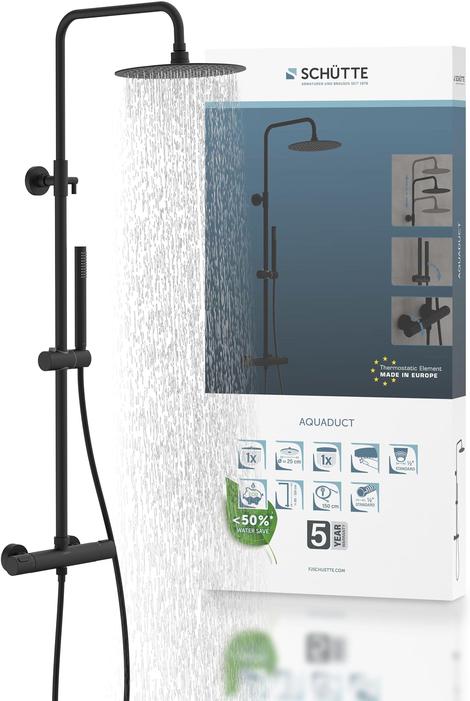 Duschsystem SCHÜTTE "AQUADUCT", schwarz (schwarz matt), H:120cm, ABS-Kunststoff, Brausegarnituren, Duschsystem, höhenverstellbar 80-120 cm, Antikalk, wassersparend schwarz matt Einheitsgröße