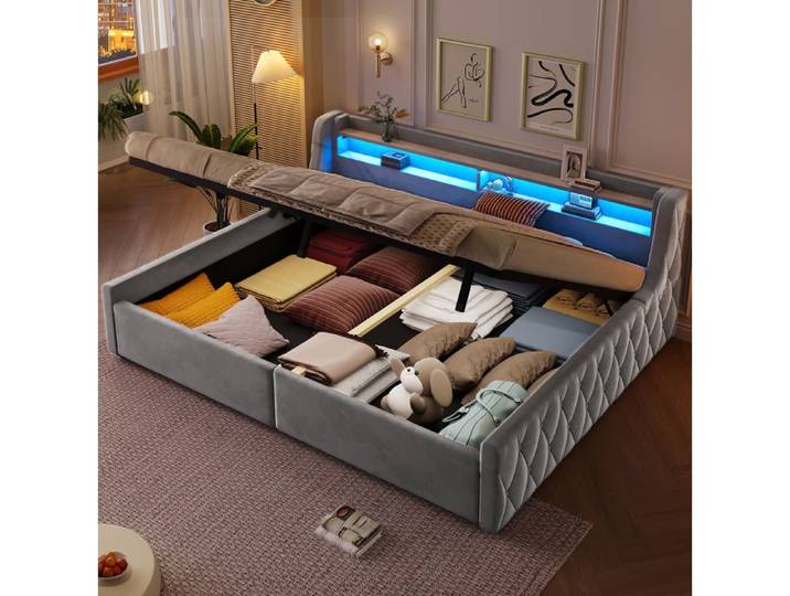 lit adulte 140x200 coffre rangement LED flanelle gris plateforme capitonnée pour chambre enfant ado invité compact Grjofek