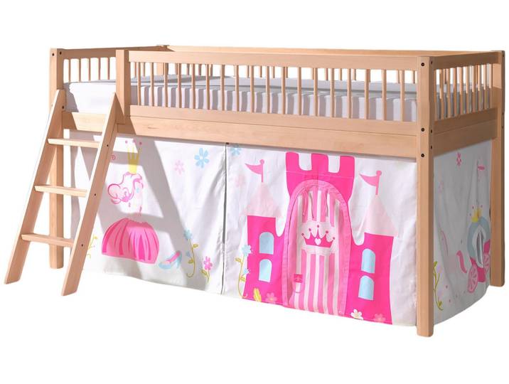 Spielbett VIPACK Forrest, Absturzschutz mit Sprossen-Optik, Pfostenstärken ca. 50x50mm , beige (buche natur lackiert, buche natur lackiert, buche natur lackiert), B:135,5cm H:114cm L:207,5cm, Betten, Spielbett, 90/200 cm, Spielbereich unter dem Bett, 2 Textil-Set´s zur Wahl
