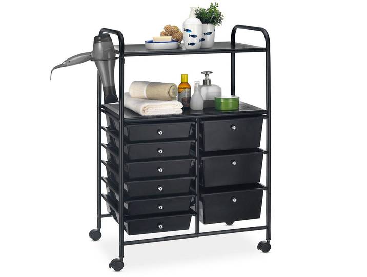 Idimex Badrollwagen Marita schwarz/schwarz, Schwarz, Schwarz, Kunststoff, Metall, Vintage, Rechteckig, 63x97x39 cm, Badezimmer, Badezimmerregale, Badregale