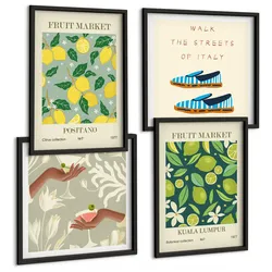 BILDER SET 4er Set - 50x50 cm & 40x60 cm Schwarzer Rahmen - Italienische Poster mit Fruchtmotiven
