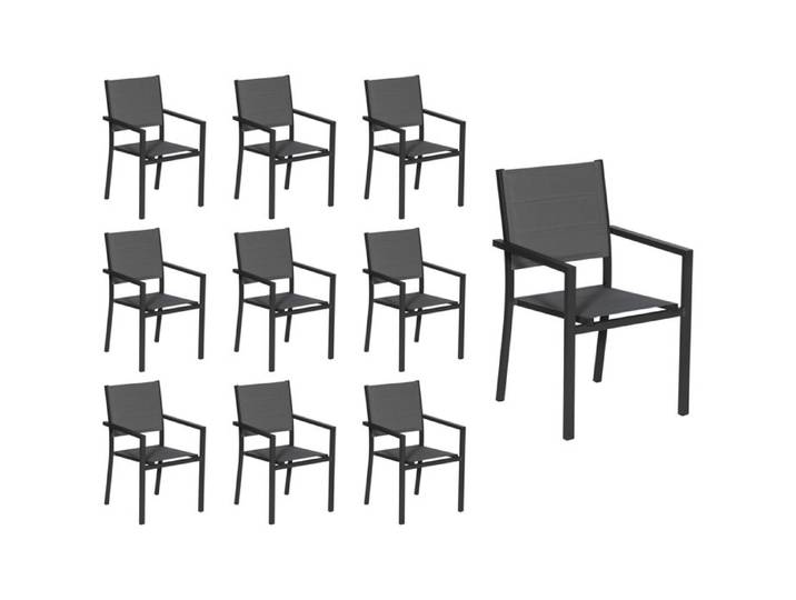 Lot de 10 chaises rembourrées en aluminium anthracite - textilène gris