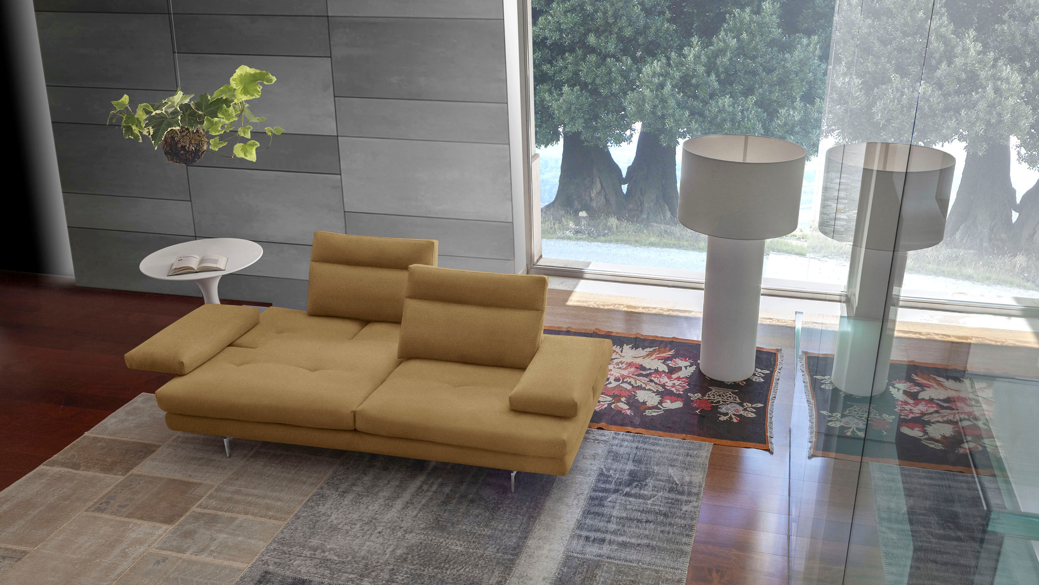 3-Sitzer CALIA ITALIA "Toby Wing, 208 cm breit, Designsofa mit hohem Sitzkomfort", beige (senape quebec), B:208cm H:90cm T:113cm, Synthetische Faser (100% Polyester), Sofas, 3-Sitzer, inklusive Sitztiefenverstellung, Füsse in Chrom glänzend senape quebec 