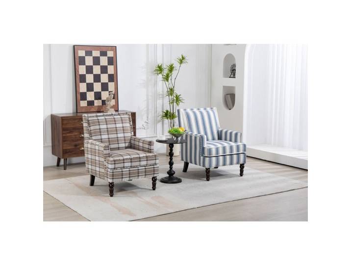 Fauteuil d'accent vintage AESVAR en tissu coton lin marron et blanc 69 x 69 x 89 cm avec accoudoirs