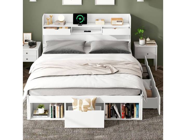 Lit double 140*190cm Avec port USB & tiroirs & armoire de rangement Lit d'enfant Lit de jeune Lit multifonctionnel Grand