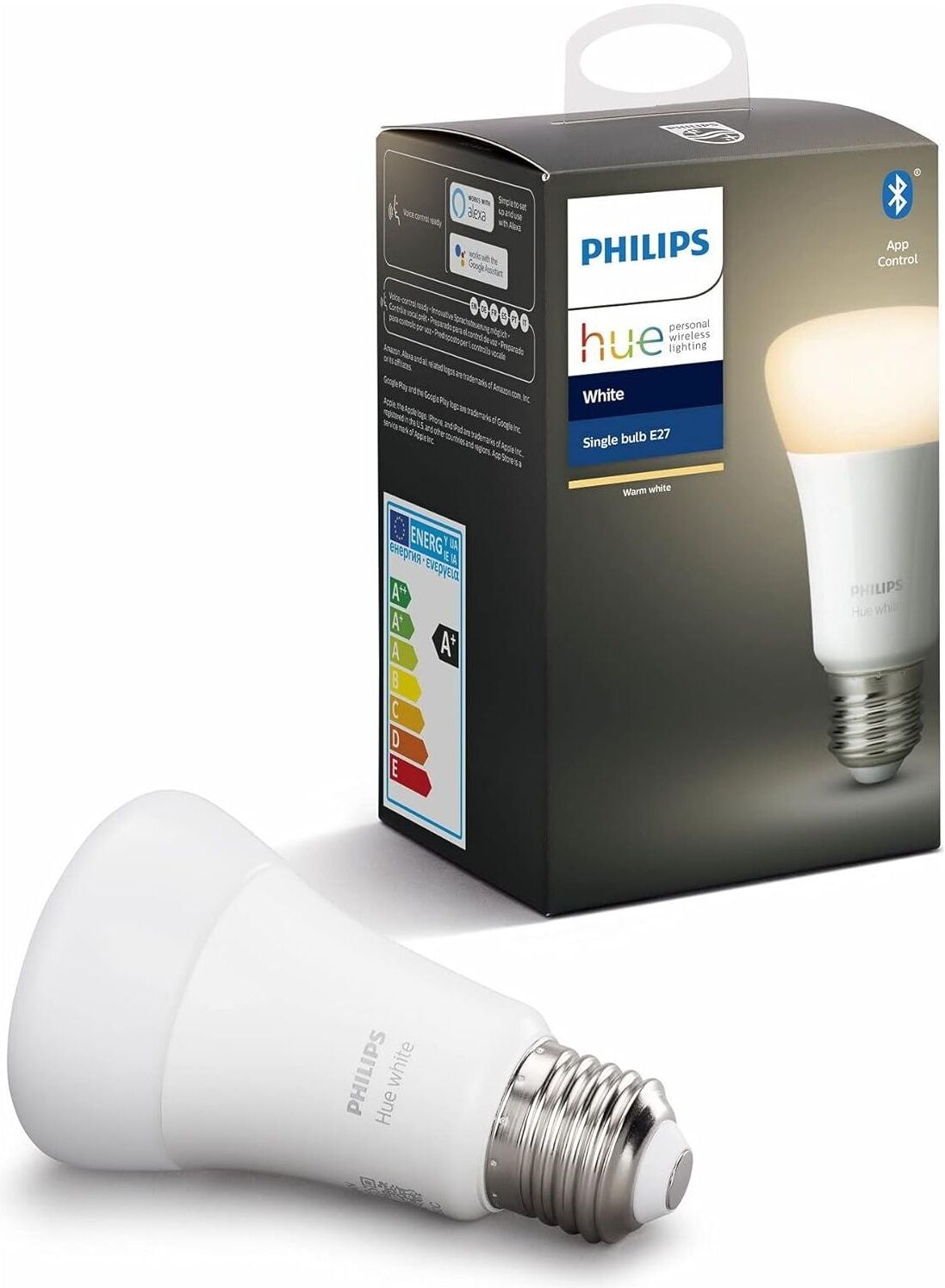 Philips Hue White LED Smart Light Bulb – E27 Edison Screw, 60W Equivalent, Bluetooth, Works with Alexa, Google Assistant & Apple HomeKit, 1 Pack [Energy Class F], New