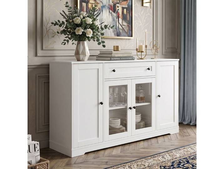 Buffet Enfilade 138x40x83cm Grand Rangement Design Moderne avec 2 Portes en Verre