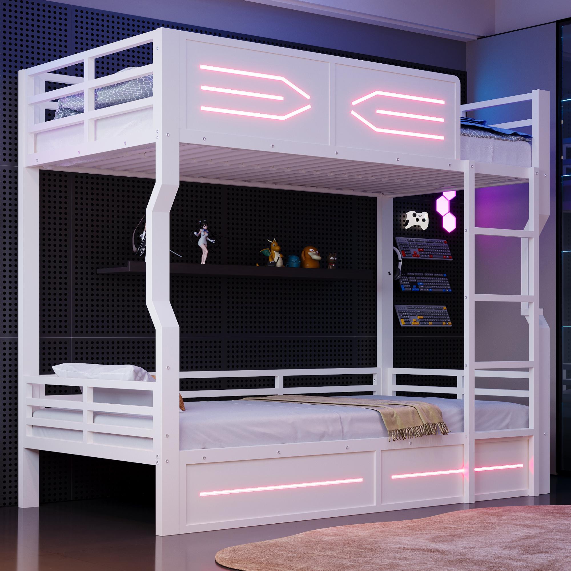 okwish Metall-Etagenbett 90×200 mit zwei Matratze und hohen Seitengittern, Jugendbett mit LED,geradlinigem Design,Bettgestell in Weiß