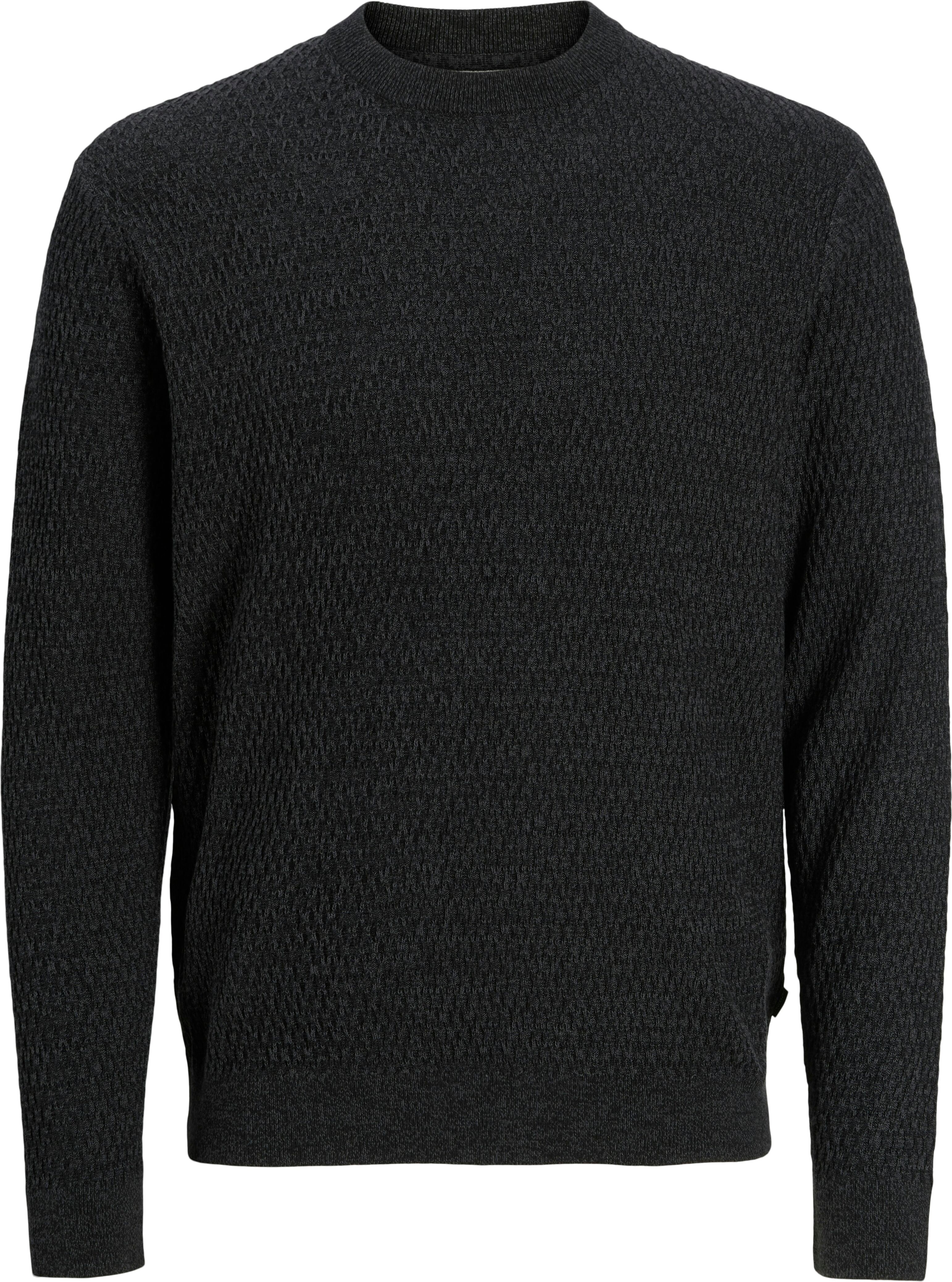 Strickpullover JACK & JONES "JPRBLAREAGAN KNIT CREW NECK", Herren, Gr. M, schwarz (volcanic ash detail:twist), Strick, Obermaterial: 100% Baumwolle, unifarben, regular fit normal, Rundhals, Rippbündchen, Pullover Strickpullover volcanic ash detail:twist M