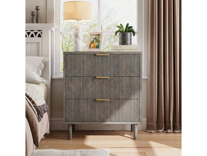 Commode moderne - LUNSY - Façades rainurées - Poignées élégantes - Bois composite - Surface mélamine hydrofuge