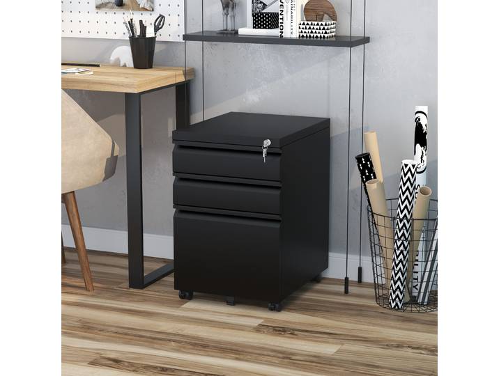 HOMCOM Caisson Bureau 3 Tiroirs Verrou Noir 39x48x60cm