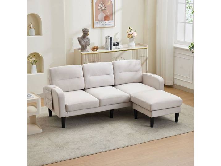Canapé d'angle - SOGEU - Canapé Modulable - 3 places - Tissu beige - Méridienne réversible